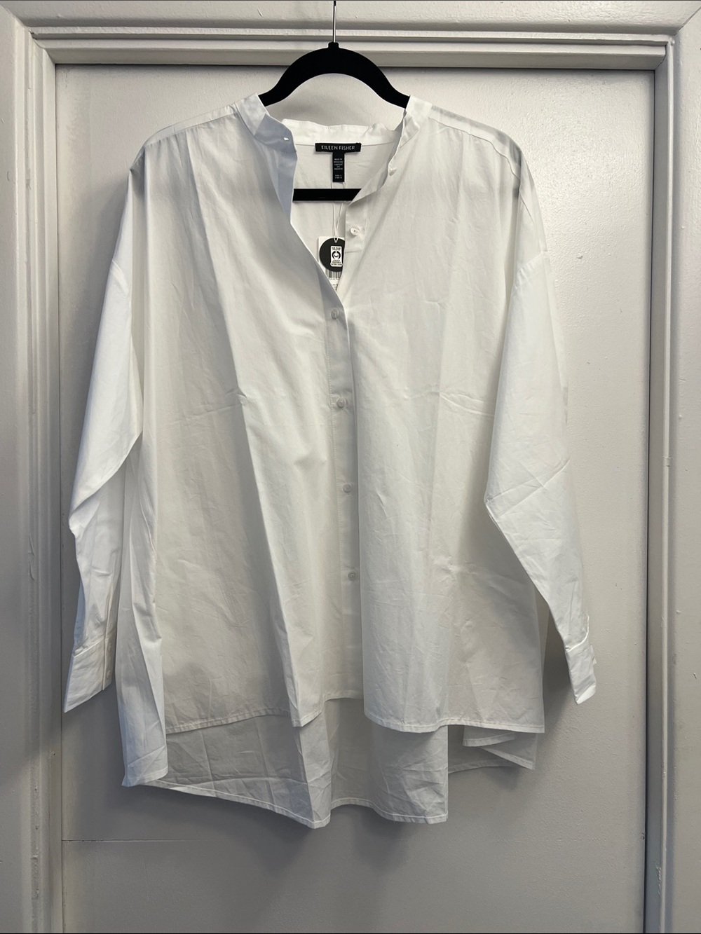 Eileen Fisher White Cotton Mandarin Collar  Button-Down Shirt Size Large NWT